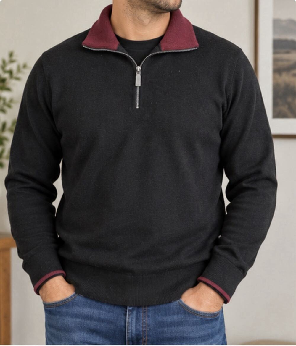 Michael Kors Men’s L Merino Wool Quarter Zip Sweater Black Burgundy Collar